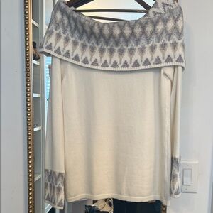White House Black Market Cream and Gray Off-Shoulder Sweater